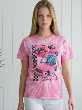 NWT Women’s Teens Barbie Short Sleeve Tee Short Top Tie Dye Pink Dream Car - 1XL